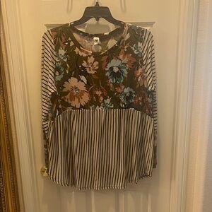 Sew In Love Floral Striped Blouse - Black, White, Brown, Blue